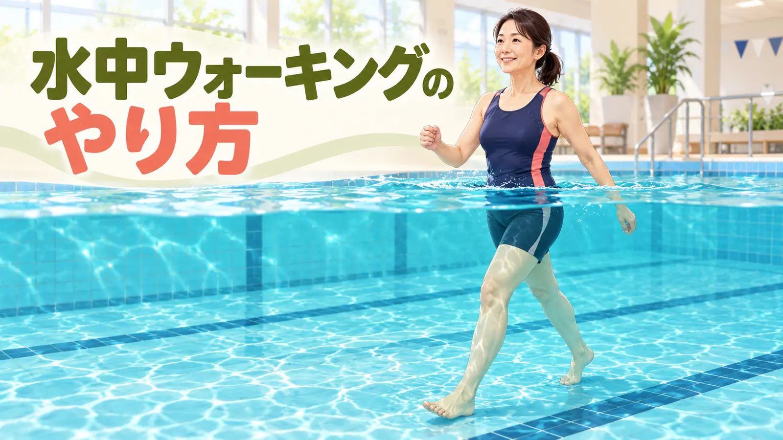 胸の深さのプールで正しい姿勢の水中ウォーキングを行う女性