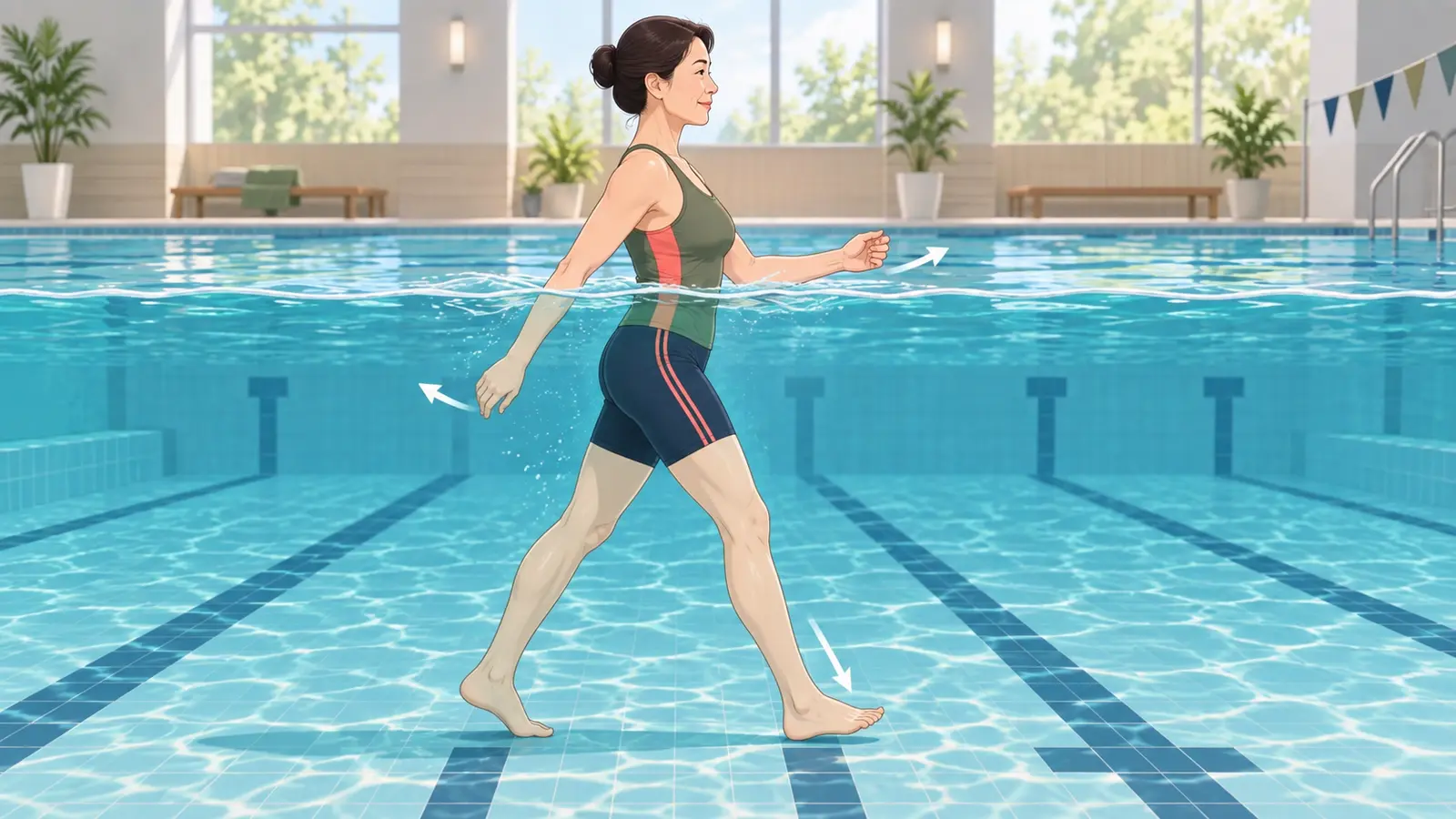 水中ウォーキングの姿勢・歩幅・腕振りを横から示したイラスト