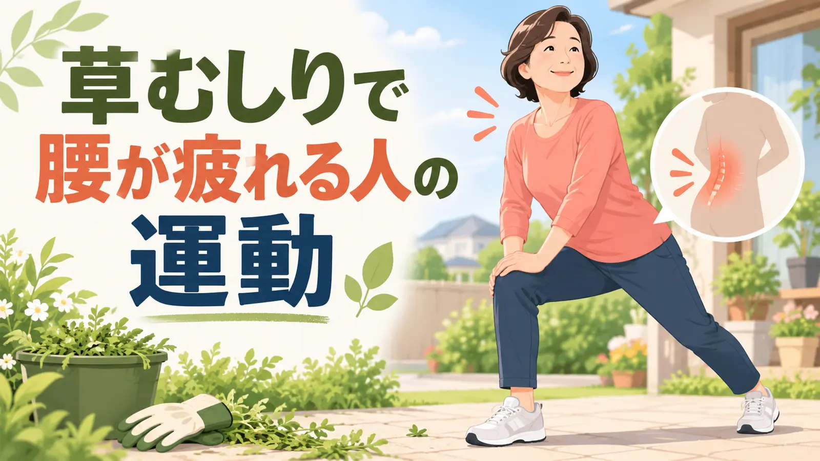 庭で草むしりをする中高年向け運動のアイキャッチ