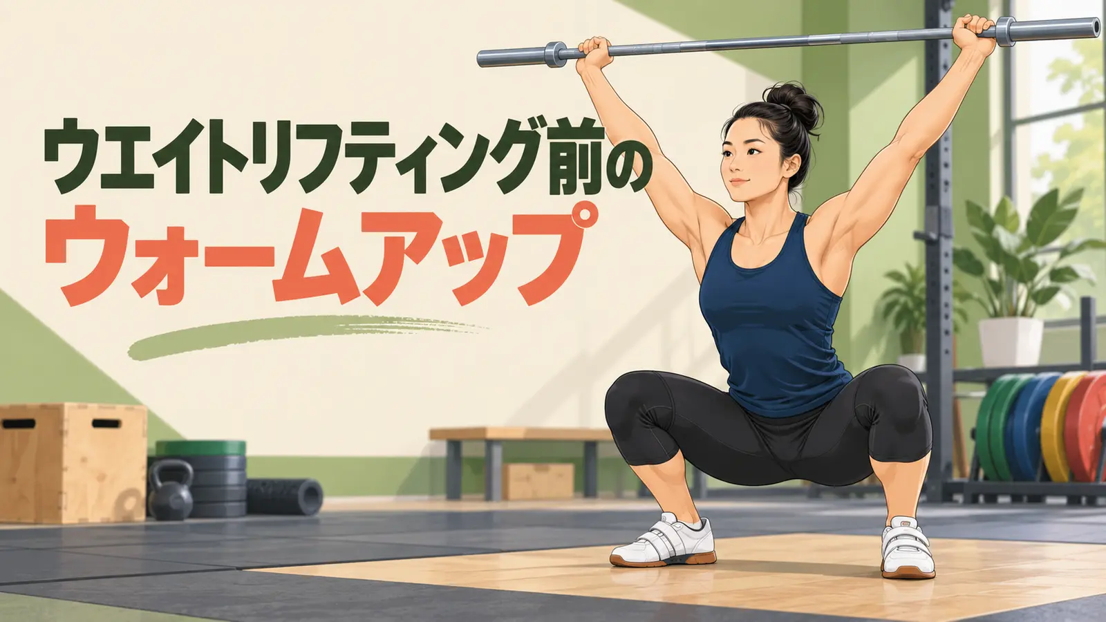 ウエイトリフティング前にウォームアップを行う選手