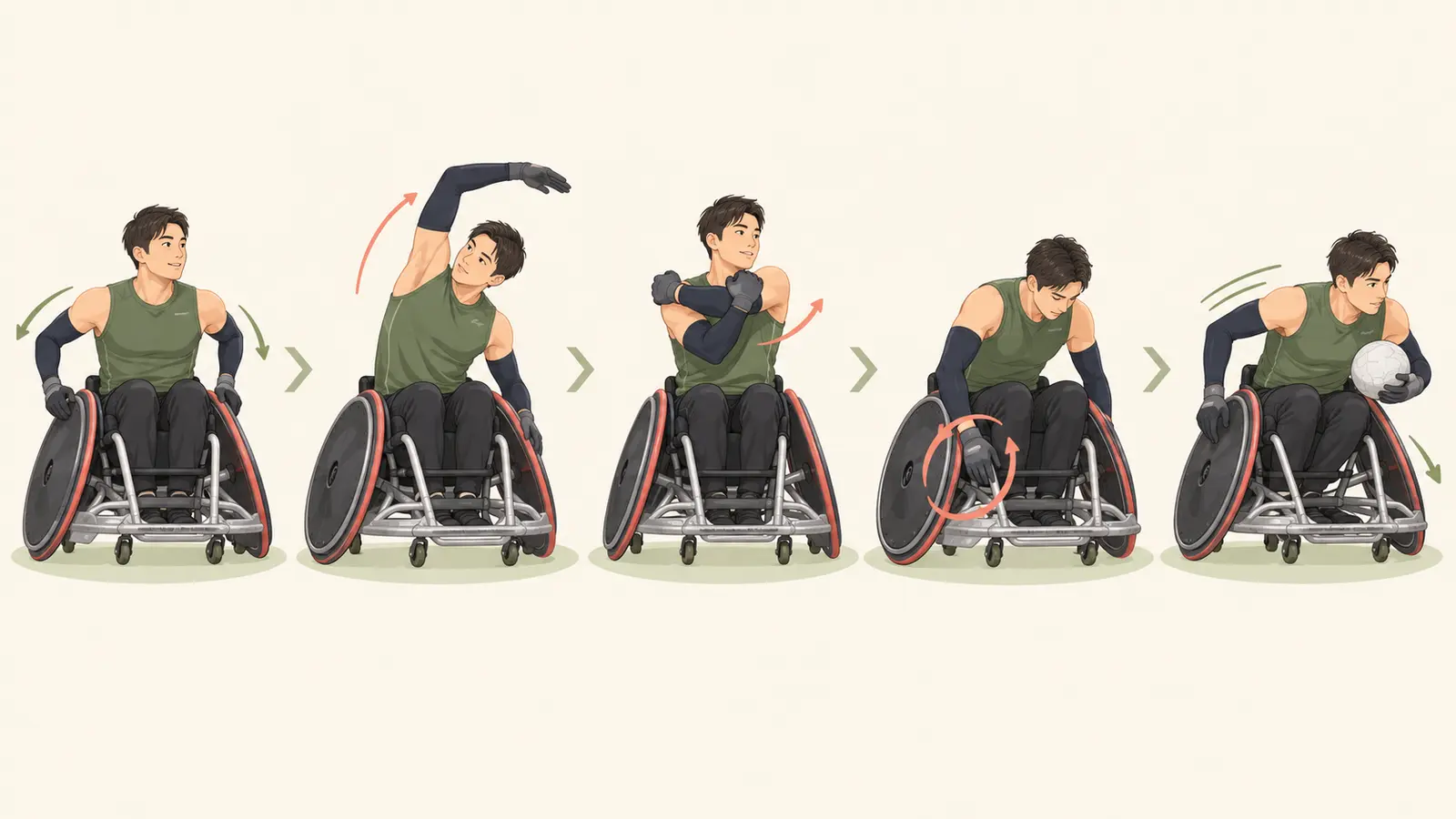 車いすラグビー前のウォームアップ手順を示すイラスト