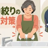 雑巾を両手で絞る中高年女性