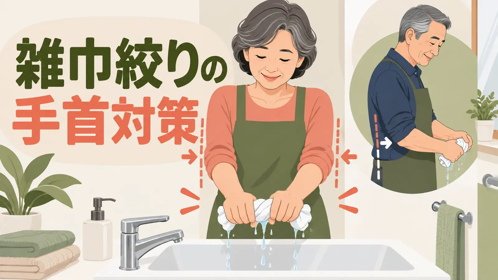 雑巾を両手で絞る中高年女性
