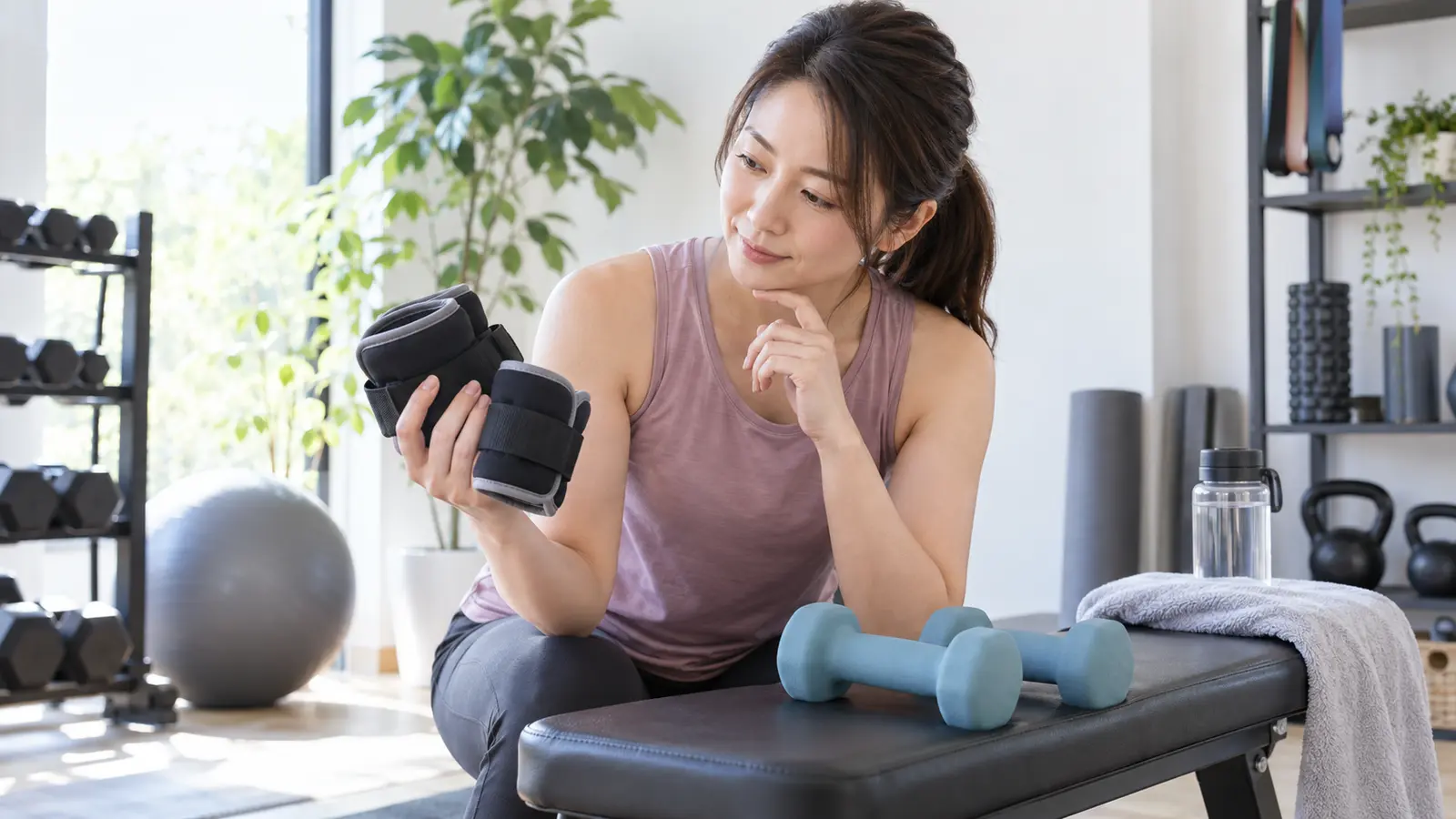 リストウェイトとダンベルを比較する女性