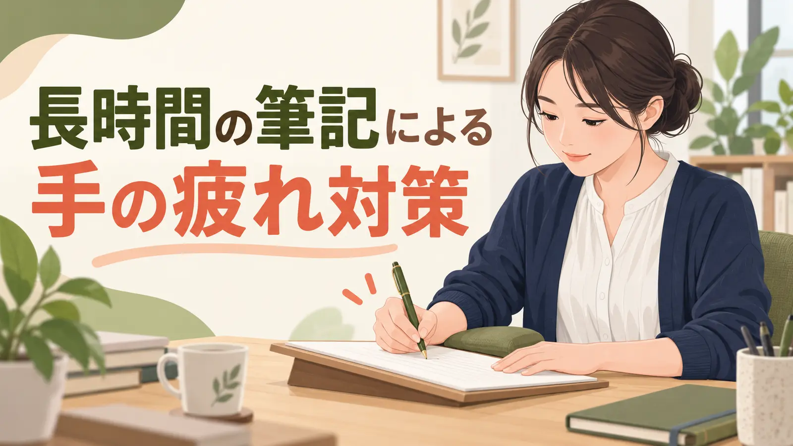 傾けた紙へペンを軽く持って書くデスクワーカー
