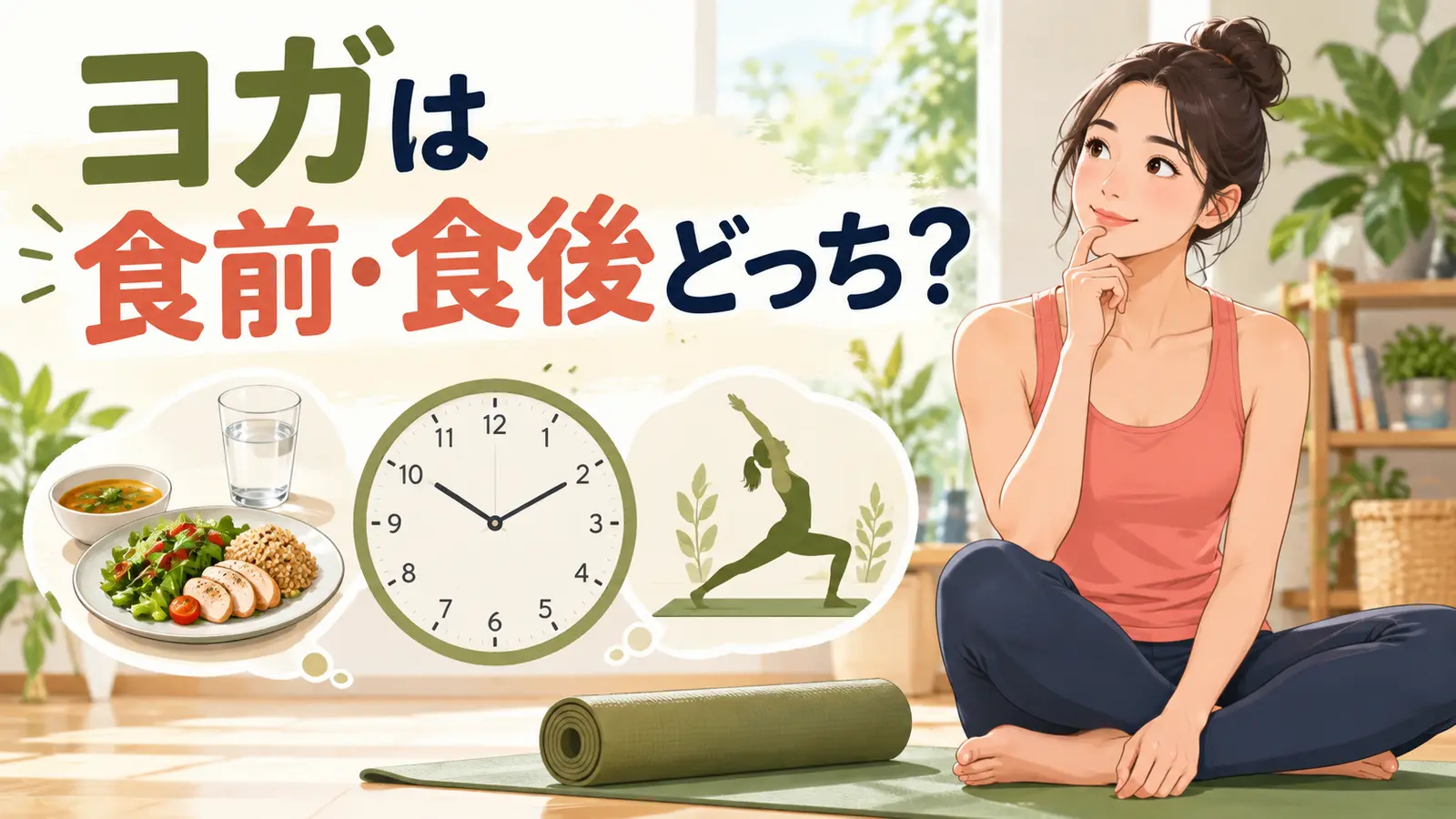 ヨガと食事のタイミングを初心者向けに解説するイラスト