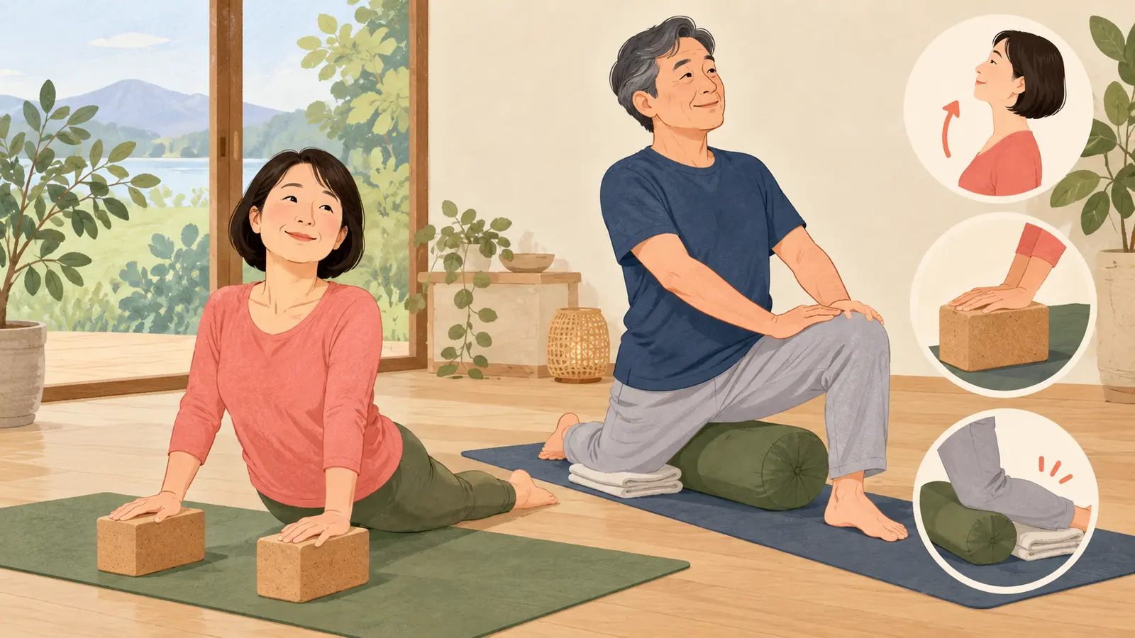 40代と50代の初心者が補助具でヨガを行う様子