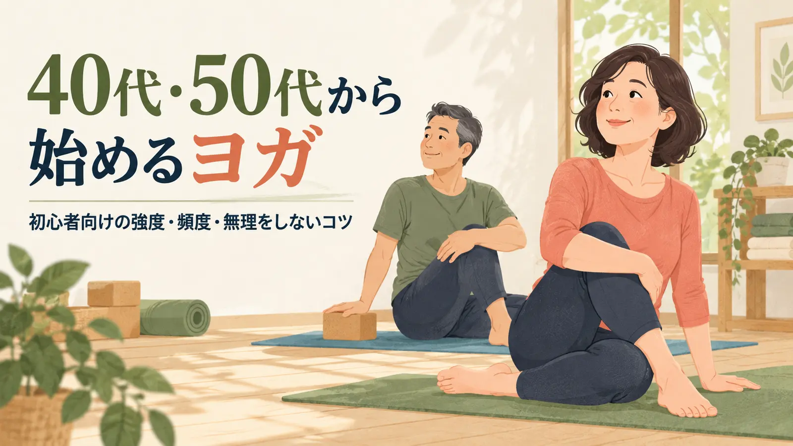 40代と50代の初心者が補助具でヨガを行う様子