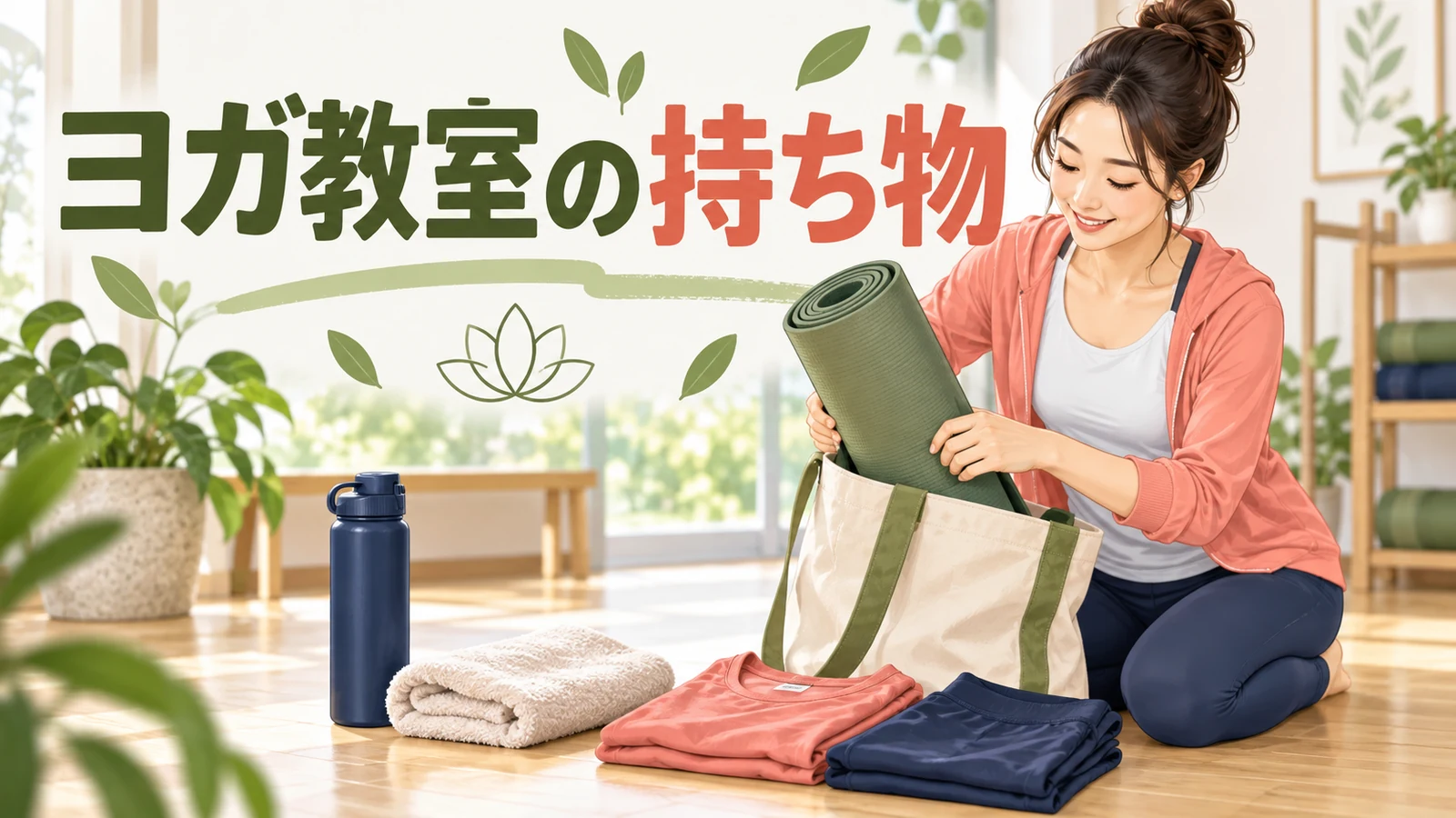 初心者向けヨガ教室の持ち物を示すアイキャッチ