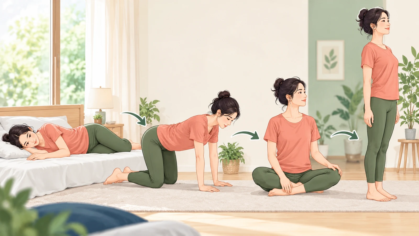 ヨガでめまいを避けるため段階的に起き上がる様子