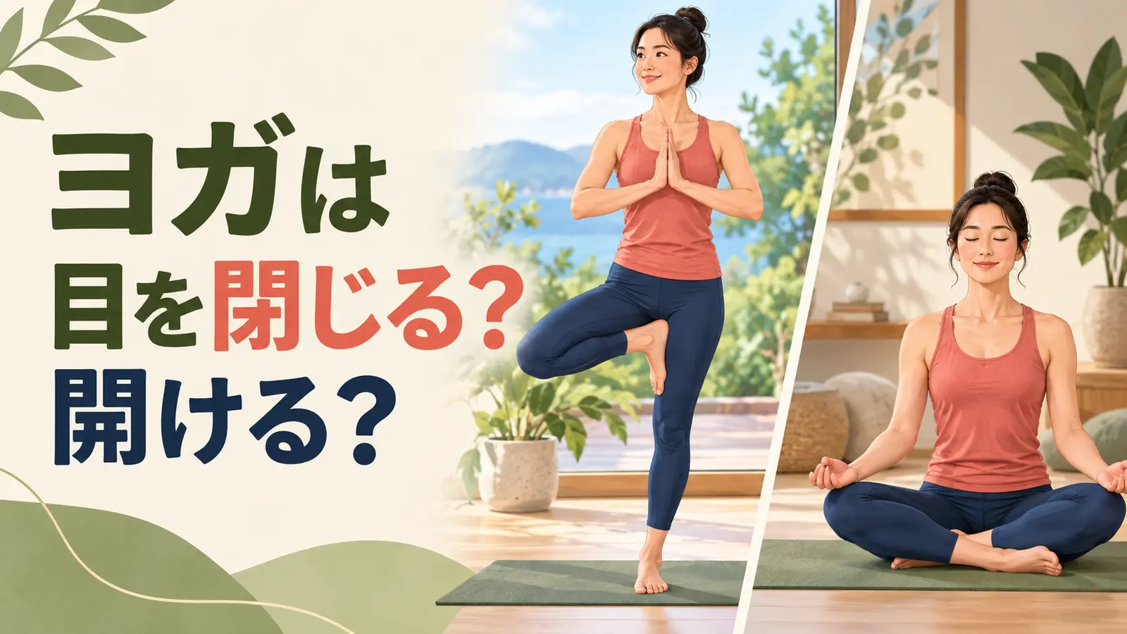 ヨガで目を閉じる・開ける使い分けを解説するイラスト