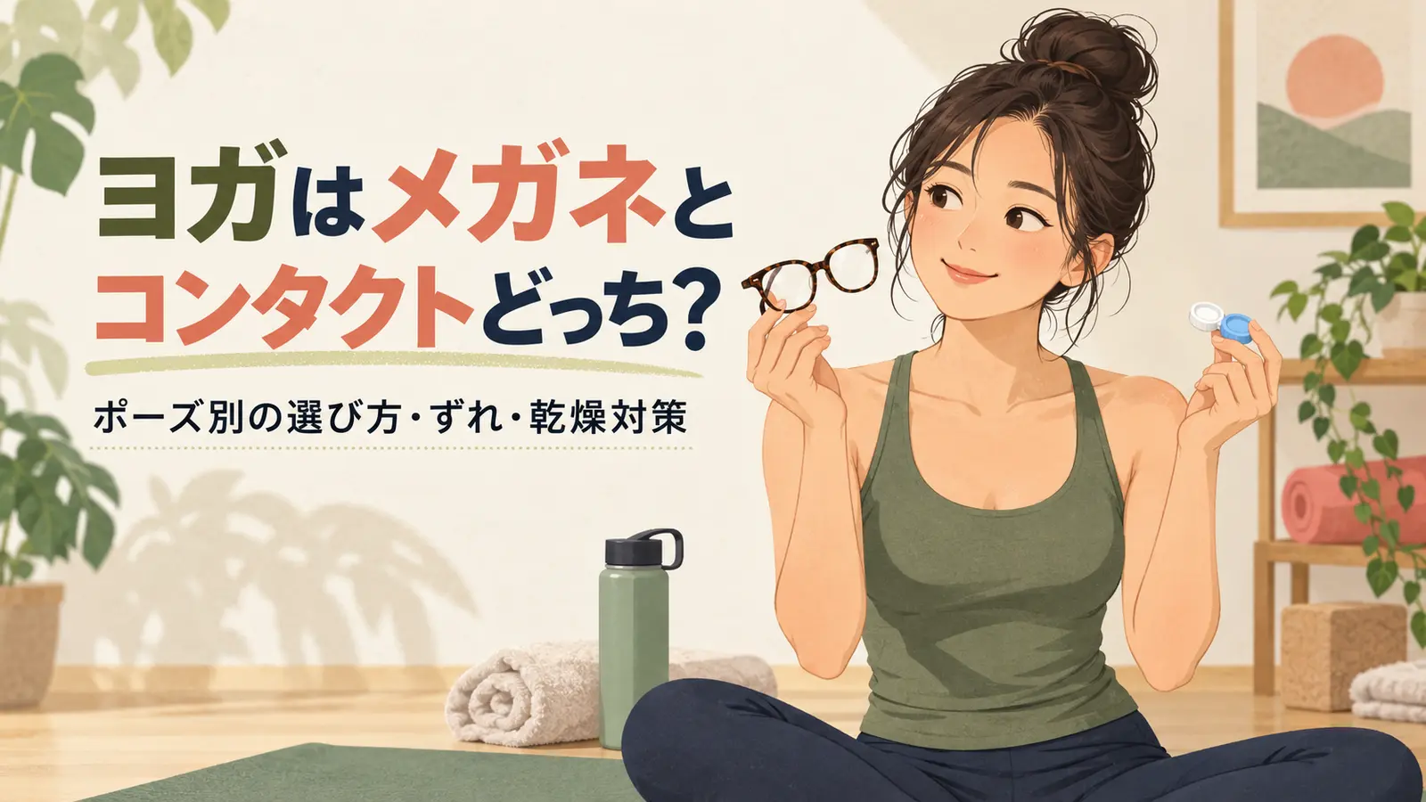 ヨガ前にメガネとコンタクトを比較する様子