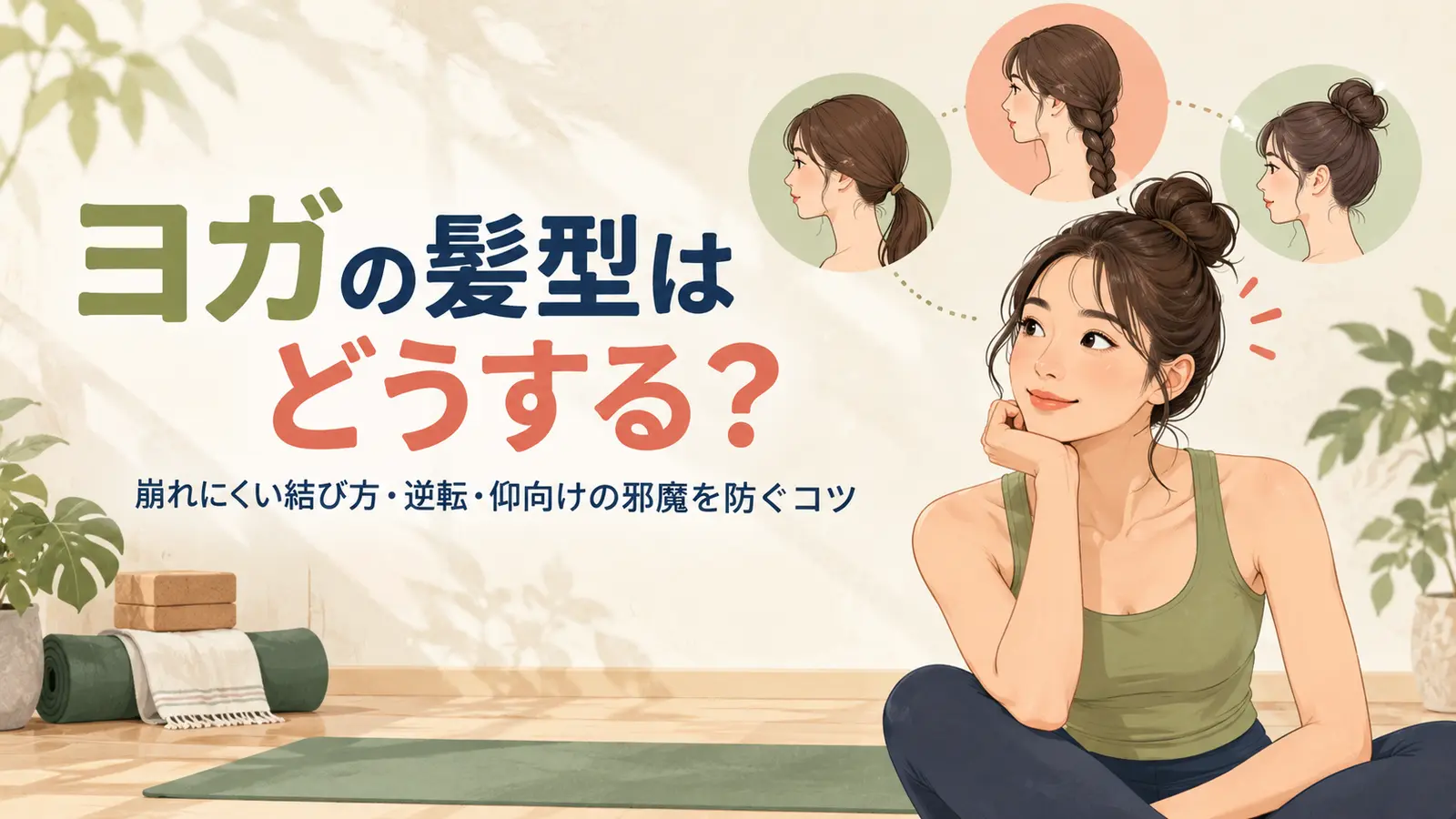 ヨガのポーズ別に髪型を比較する様子