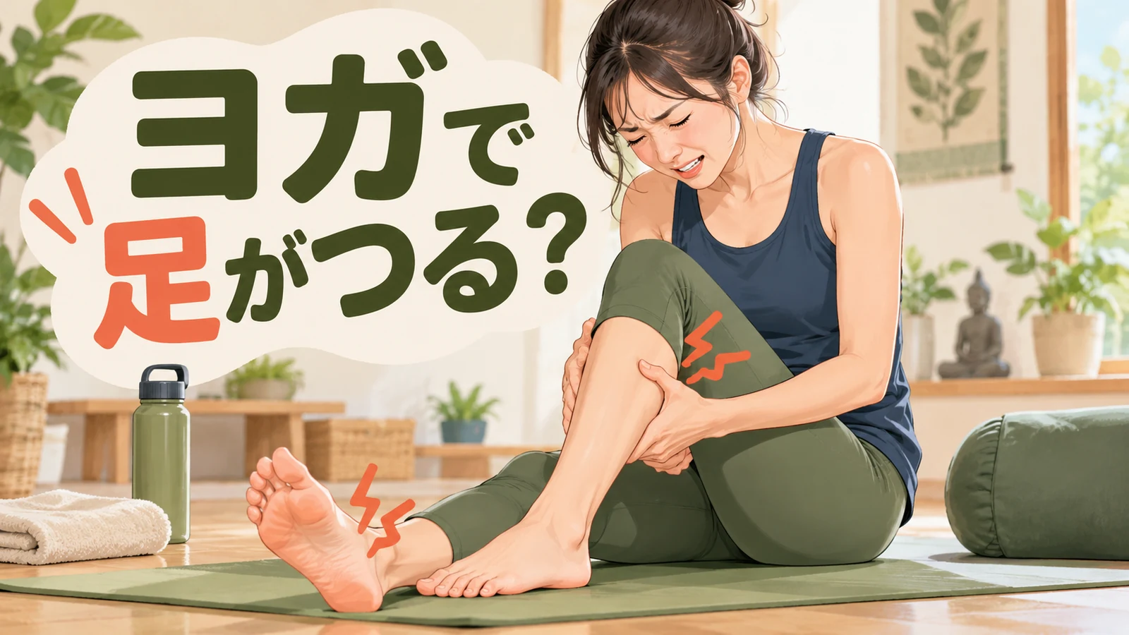 ヨガ中に足がつる原因と対処を解説するアイキャッチ