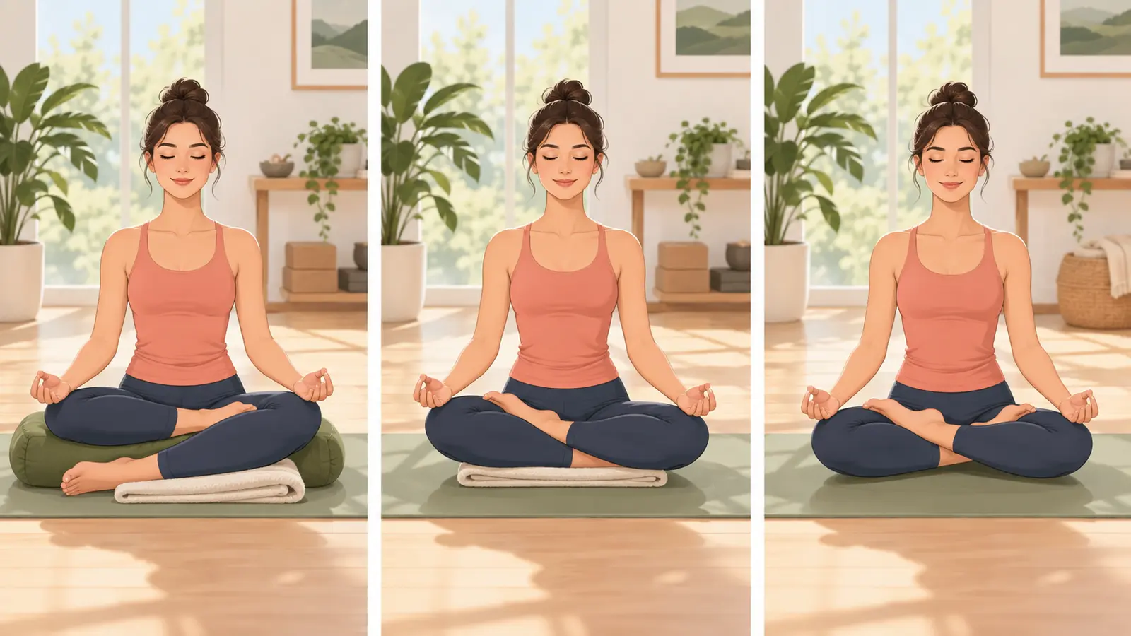 蓮華座の解説図 蓮華座の段階的な練習フォーム