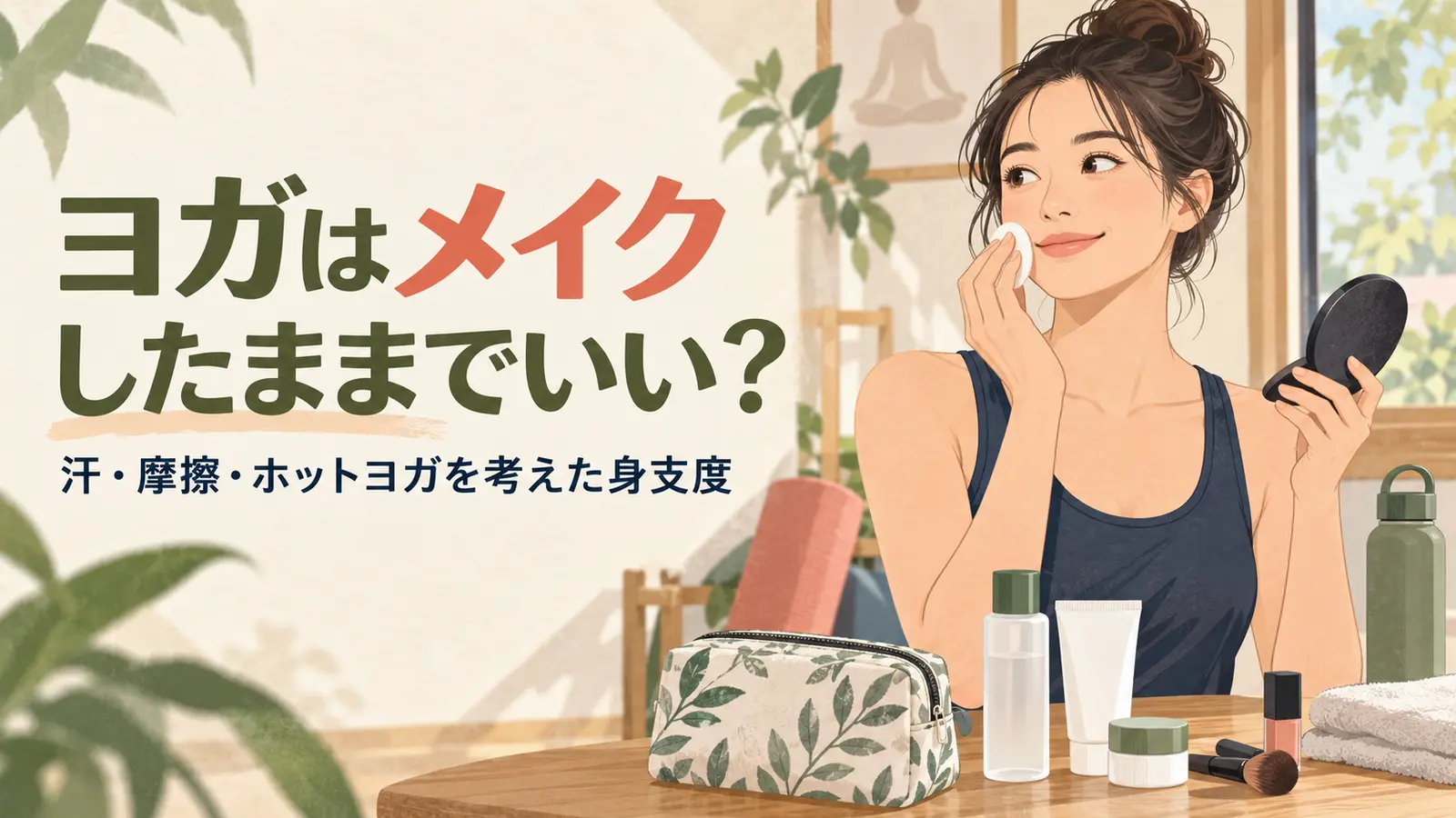 ヨガ前のメイクと身支度を整える様子