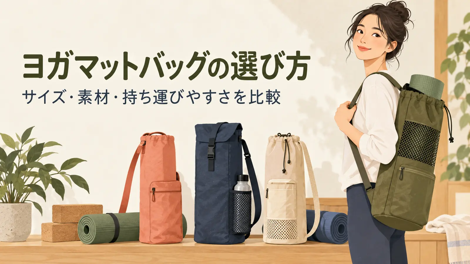 形や素材の異なるヨガマットバッグの比較