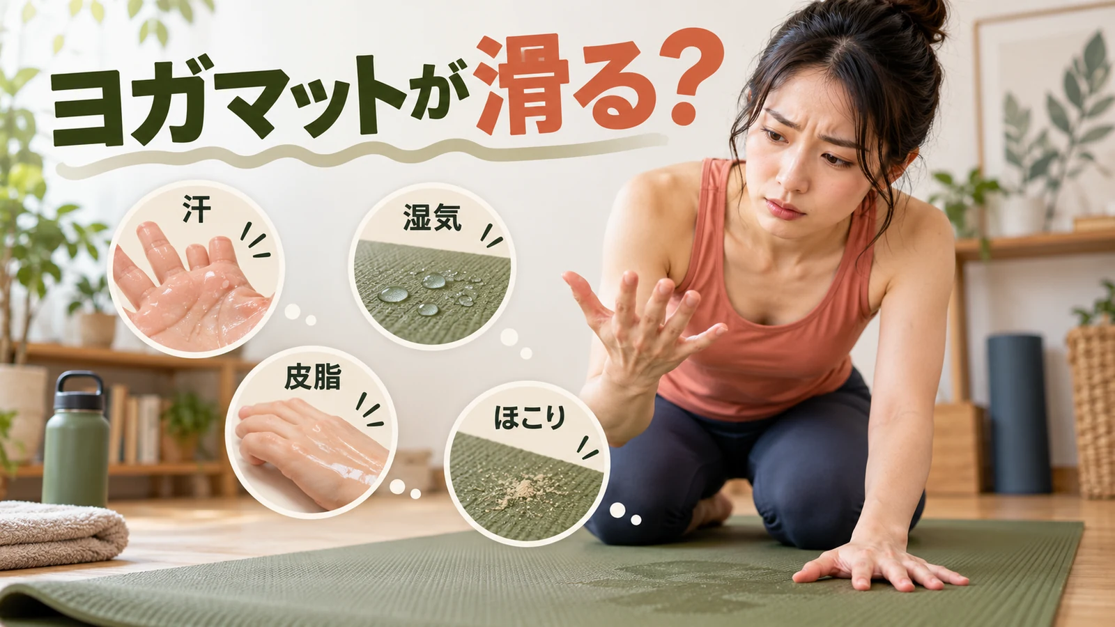 ヨガマットが滑る原因と対策を解説するアイキャッチ