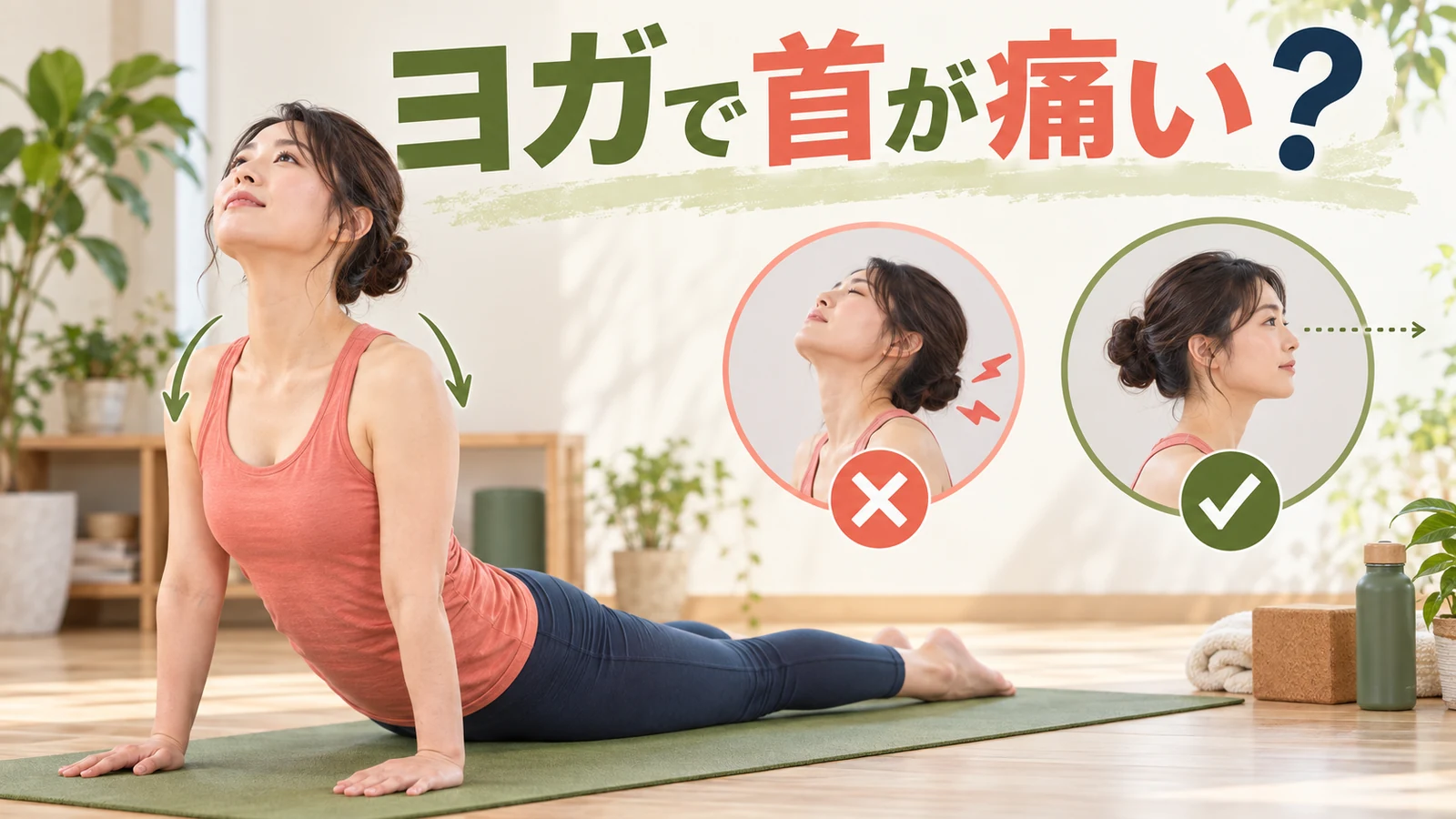 ヨガで首が痛いときの視線と姿勢を解説するアイキャッチ