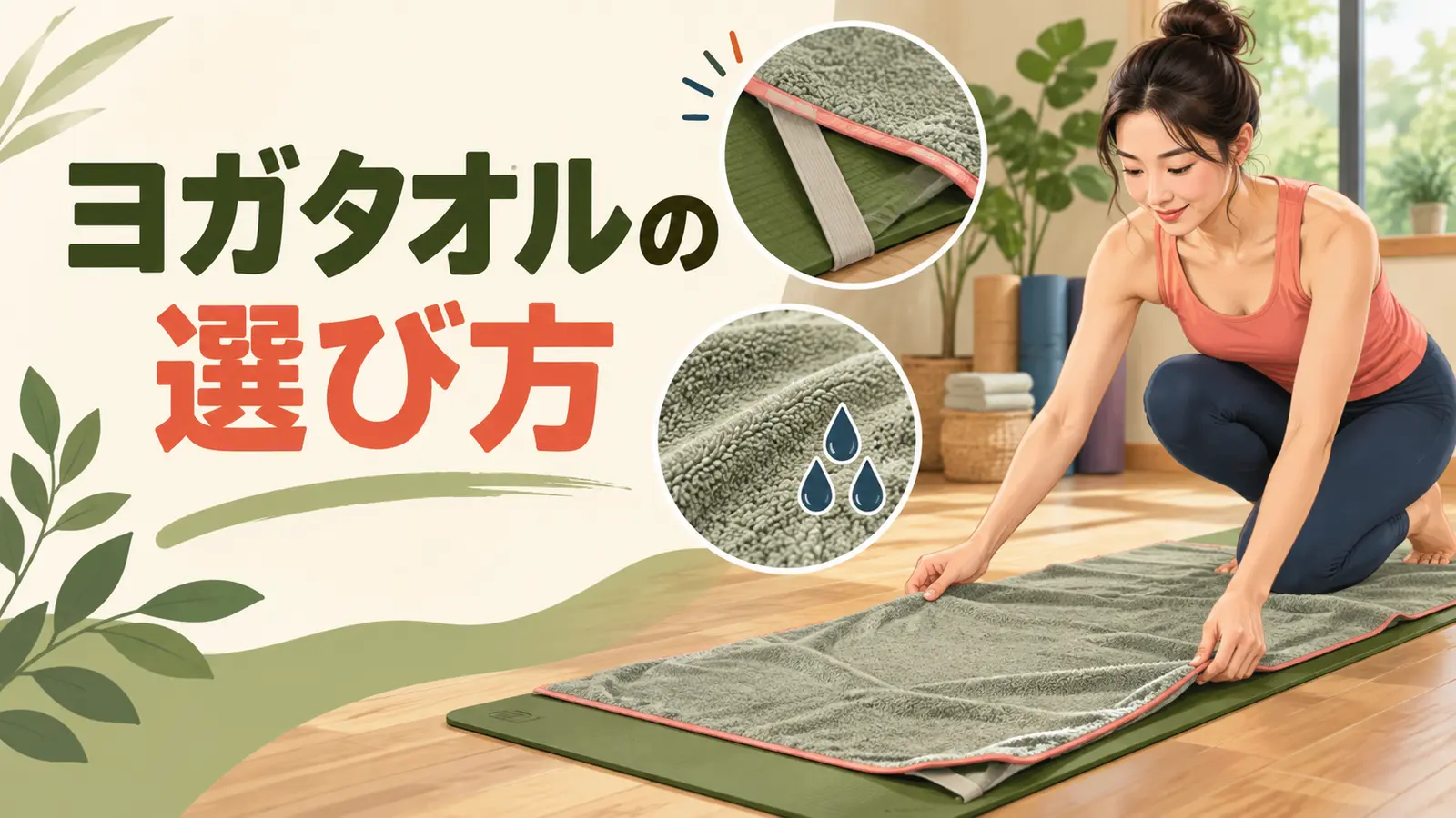 ヨガタオルの選び方を初心者向けに解説するイラスト