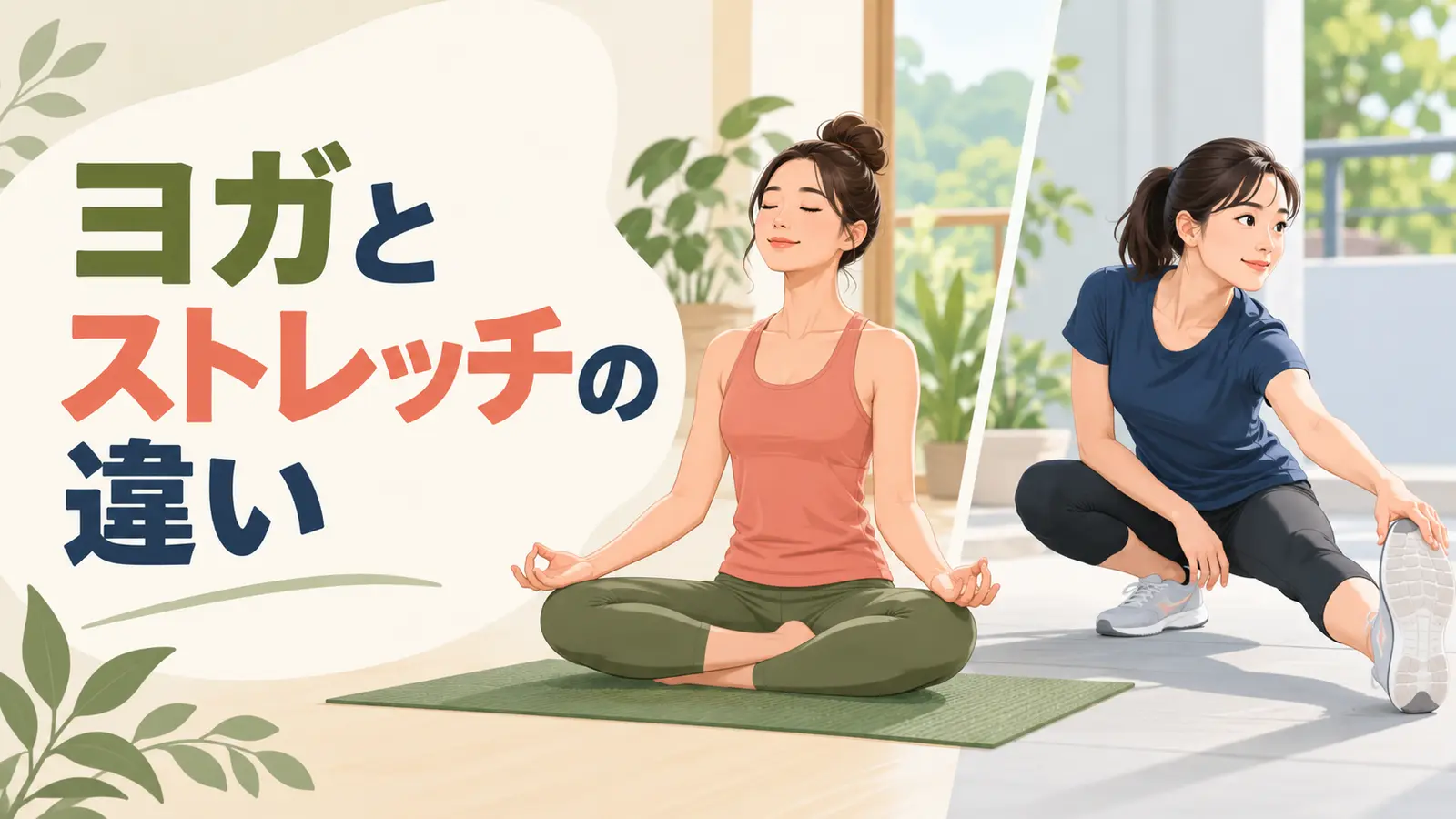 ヨガとストレッチの違いを初心者向けに解説するイラスト